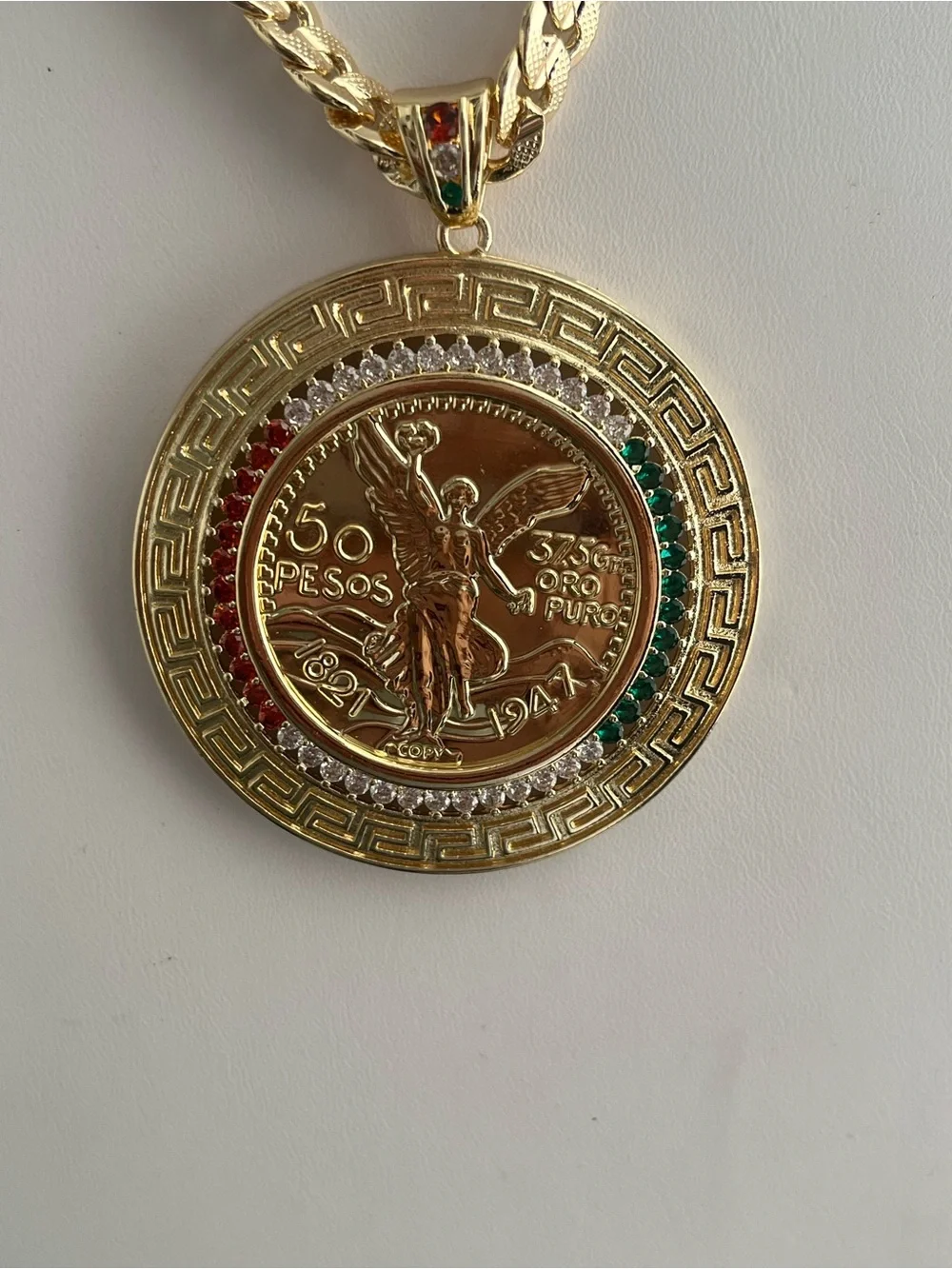 Gold-Tone 50 Pesos Medallion Necklace with Multicolor Stone Halo